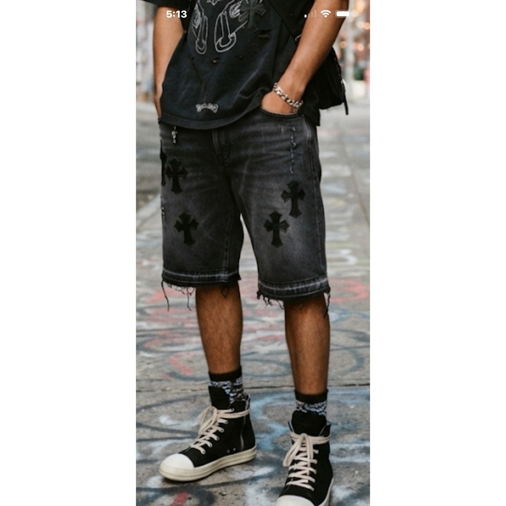 Chrome Hearts Denim Bermuda Shorts Mens 32 Black Cross Patch Fray Y2k Streetwear